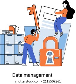 Data management metaphor, privacy media center, business protection, rational storage of information, digital privacy. Efficient data manager, cost-effective safe organization, storage and use of data