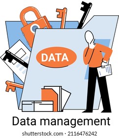 Metáfora de gestión de datos, centro de medios de privacidad, protección empresarial, almacenamiento racional de información, privacidad digital. Gestor de datos eficiente, organización segura y rentable, almacenamiento y uso de datos