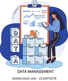 Metáfora de gestión de datos, centro de medios de privacidad, protección empresarial, almacenamiento racional de información, privacidad digital. Gestor de datos eficiente, organización segura y rentable, almacenamiento y uso de datos