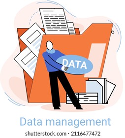 Metáfora de gestión de datos, centro de medios de privacidad, protección empresarial, almacenamiento racional de información, privacidad digital. Gestor de datos eficiente, organización segura y rentable, almacenamiento y uso de datos