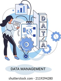 Metáfora de gestión de datos, centro de medios de privacidad, protección empresarial, almacenamiento racional de información, privacidad digital. Gestor de datos eficiente, organización segura y rentable, almacenamiento y uso de datos