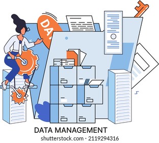 Metáfora de gestión de datos, centro de medios de privacidad, protección empresarial, almacenamiento racional de información, privacidad digital. Gestor de datos eficiente, organización segura y rentable, almacenamiento y uso de datos