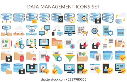 Data Management multi color icons set, contain analysis, cloud, server, computer, storage and more. use for modern concept, UI or UX kit, web and app. vector EPS 10 ready convert to SVG.