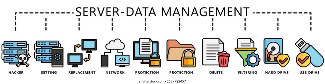 Data management multi color set. contain hacker, replacement, setting, protection, filtering, USB drive and more. Vector EPS 10. for UI or UX kit, web and app, finance, office, business