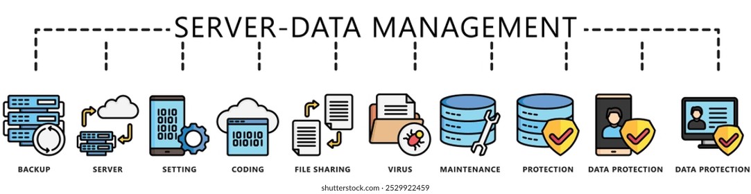 Datenverwaltung in mehreren Farben. Backup, Server, Einstellung, Codierung, Dateifreigabe, Virus, Schutz und mehr. Vector EPS 10. für UI oder UX-Kit, Web und App, Finanzen, Büro, Geschäft