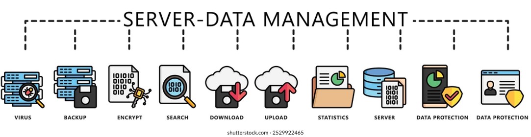 Datenverwaltung in mehreren Farben. enthalten Viren, Verschlüsselung, Download, Upload, Server, Statistik, Datenschutz und mehr. Vector EPS 10. für UI oder UX-Kit, Web und App, Finanzen, Büro, Geschäft 