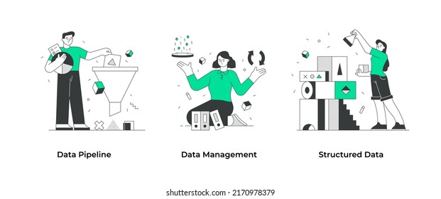 Data Management. People Collect, Catalog And Structure Data. Set Of Data Science Concepts. Concept Scenes For Visual Storytelling