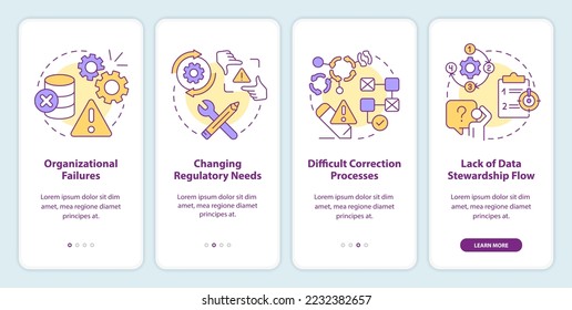Data management problems onboarding mobile app screen. Challenges walkthrough 4 steps editable graphic instructions with linear concepts. UI, UX, GUI template. Myriad Pro-Bold, Regular fonts used