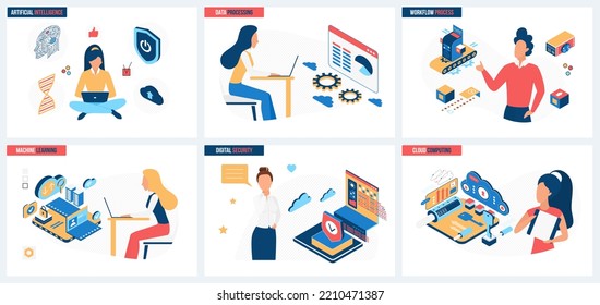 Data management process automation set vector illustration. Cartoon people work online with information, automatic AI system and computers concept for banner, website design or landing web page