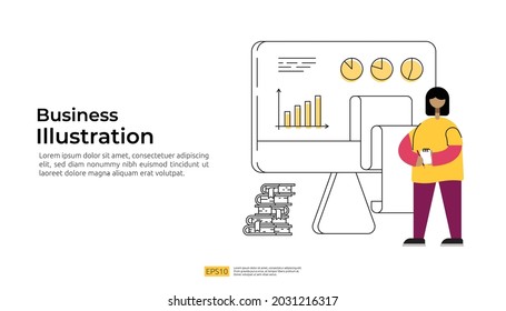 data management and report with graph chart on PC screen and character illustration. big data science concept with flat style