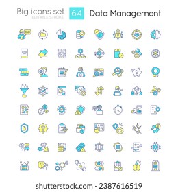 Data management RGB color icons set. Information governance. Database system. Isolated vector illustrations. Simple filled line drawings collection. Editable stroke. Quicksand-Light font used