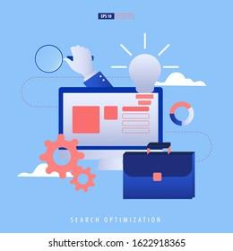 Data management and  SEO Concept. Laptop, website, data, bag, magnify. Vector illustration