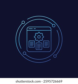 data management software icon with documents and gear, linear design