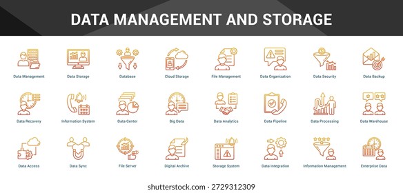 Datenmanagement und -speicherung Einheitlicher Satz minimalistischer Vektorsymbole, die wichtige Ideen mit visueller Klarheit darstellen