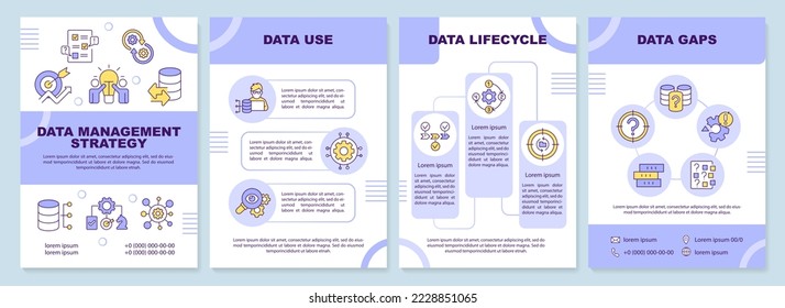 Data management strategy purple brochure template. Types. Leaflet design with linear icons. Editable 4 vector layouts for presentation, annual reports. Arial-Black, Myriad Pro-Regular fonts used