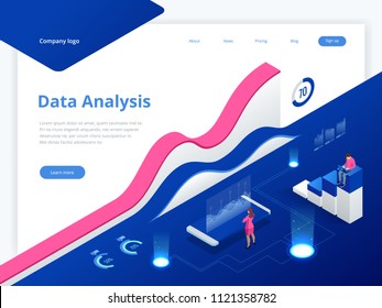 Sistema de Gestão de Dados e Business Analytics Conceito Ilustração vetorial isométrica. Banner web de hospedagem do servidor ou da sala de data center