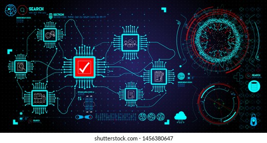 Data Management System (DMS) and Business Analytics concept with servers connected to dashboard on drak background.