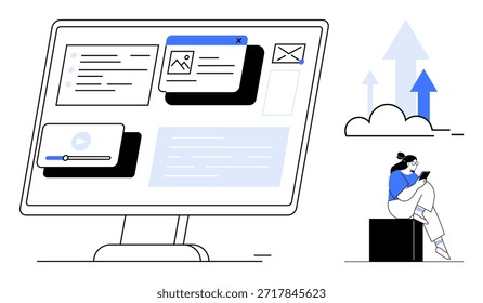 Datenverwaltung, Technologie, Online-Kommunikation, Workspace-Tools, Cloud-Speicher, Internet-Browsing. Der Computerbildschirm zeigt die Benutzeroberfläche mit Fenstern und Symbolen an. Datenmanagement und Technologiekonzept