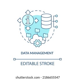 Icono de concepto turquesa de gestión de datos. Recolectar y almacenar. Ilustración de línea delgada de ideas abstractas de habilidades de analistas de datos. Dibujo de contorno aislado. Trazo editable. Fuentes Arial, Myriad Pro-Bold utilizadas