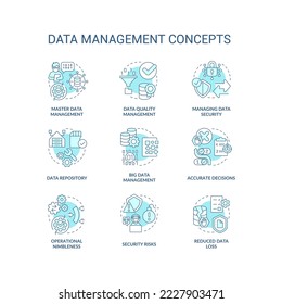 Data management turquoise concept icons set. Information governance system idea thin line color illustrations. Isolated symbols. Editable stroke. Roboto-Medium, Myriad Pro-Bold fonts used