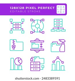 Data management two color line icons set. Digital files and folders bicolor outline iconset isolated. Data storage. Server unit. Statistics. Duotone pictograms thin linear. Editable stroke