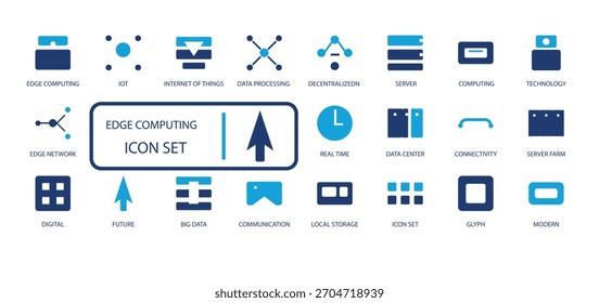 Data Management Vector Icon Set. Essential glyphs for network, server, navigation, layout, and abstract technology concepts. Blue color palette.