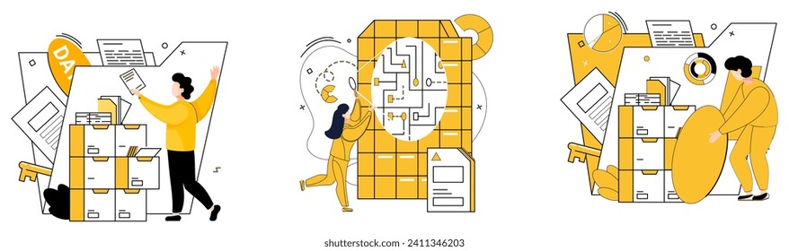 Data management vector illustration. Data analytics breathes life into numbers, transforming them into strategic assets Financial insights are treasures unearthed by analytical archaeologists data