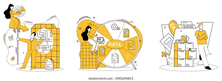 Datenmanagement, Vektorgrafik. Business-, Finanz- und Industriekonvergierung bei Cross-roads Data Analytics Mastery Die Buchführung findet Klarheit durch die Analyse von Objektiven und gewährleistet Präzision in Datensätzen