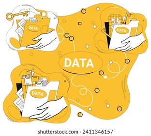 Data management vector illustration. Financial analysts wield magic wand analytics, unraveling mysteries data Research and marketing blossom under nurturing care data analytics Statistics