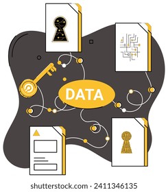 Data management vector illustration. Monitoring pulse data is heartbeat ever-evolving analytical landscape Analyzing trends is compass guiding businesses through ever-shifting digital terrain