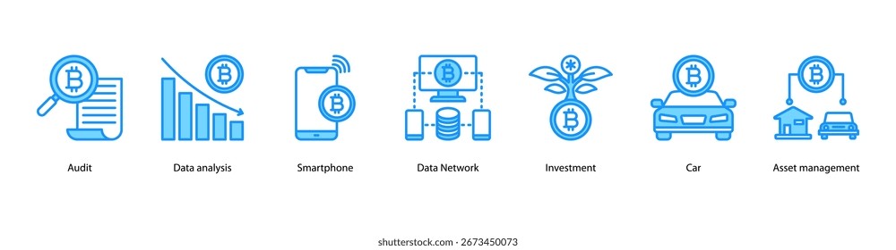 Data Management web banner vector illustration featuring Audit, Data analysis, Smartphone, Data Network, Investment, Car, and Asset management.