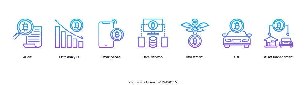 Data Management web banner vector illustration featuring Audit, Data analysis, Smartphone, Data Network, Investment, Car, and Asset management.