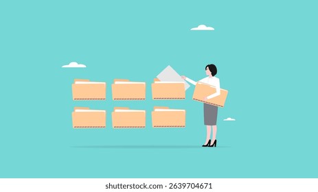 data management, woman organize data by entering it into documents, administration work or data management staff concept vector illustration