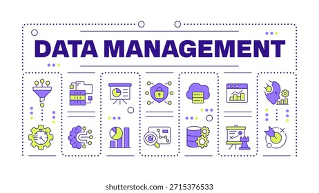 Concepto de palabra de gestión de datos aislado en blanco. Planificación de negocios, inteligencia artificial. Anuncio de ilustración creativa rodeado de iconos coloridos de línea editables