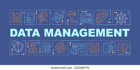 Data Management Word Konzepte dunkelblauer Banner. Informationsmanagement. Infografiken mit bearbeitbaren Symbolen auf Farbhintergrund. Alleinstehende Typografie. Vektorgrafik mit Text. Arial-Black-Schriftart verwendet