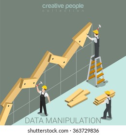 Data manipulation flat 3d isometry isometric juggling with facts report statistics concept web vector illustration. Construction workers nailing hammer wooden graphic parts. Creative people collection