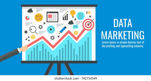 Data marketing, Big Data, analysis, technology, data science flat vector illustration with icons isolated on blue background