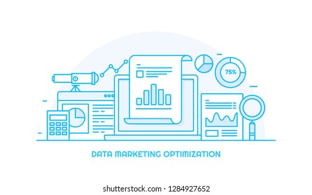 Data marketing - Digital data analysis - Growth optimization - flat line vector banner on white background