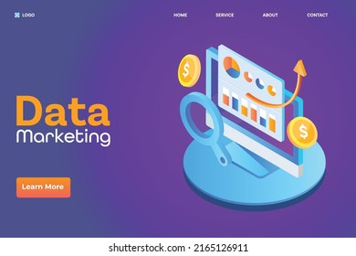 Data marketing service, analytics software for business, financial, marketing data analysis - 3d isometric vector landing page template with icons