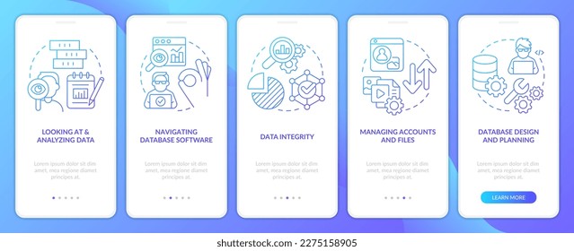 Data master skills blue gradient onboarding mobile app screen. Analytics walkthrough 5 steps graphic instructions with linear concepts. UI, UX, GUI template. Myriad Pro-Bold, Regular fonts used