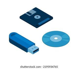 Data media storage computer technology. floppy disk flash drive and cd symbol set illustration isometric vector