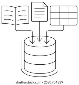 Data Merging icon. Simple outline monochrome black vector pictogram with thin lines on a transparent background. Line thickness is editable