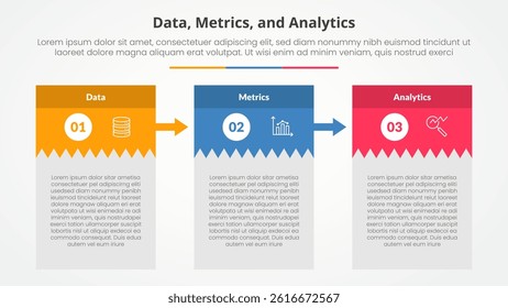 Data metrics and analytics infographic concept for slide presentation with creative box table with big header and arrow with 3 point list with flat style vector