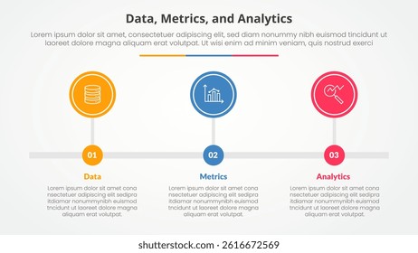 Data metrics and analytics infographic concept for slide presentation with big circle outline horizontal timeline with 3 point list with flat style vector