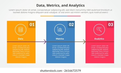 Data metrics and analytics infographic concept for slide presentation with big block table box with arrow with 3 point list with flat style vector