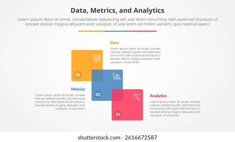 Data metrics and analytics infographic concept for slide presentation with venn blending square stairway with 3 point list with flat style vector