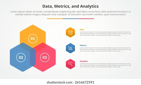 Data metrics and analytics infographic concept for slide presentation with hexagon create triangle shape on left column with 3 point list with flat style vector