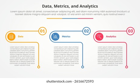 Data metrics and analytics infographic concept for slide presentation with creative outline table circle with 3 point list with flat style vector