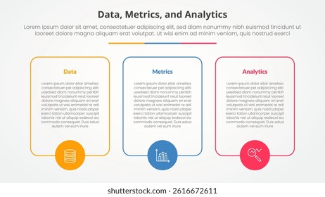 Data metrics and analytics infographic concept for slide presentation with big box outline with circle on bottom with 3 point list with flat style vector