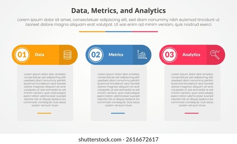 Data metrics and analytics infographic concept for slide presentation with table box and round header with 3 point list with flat style vector